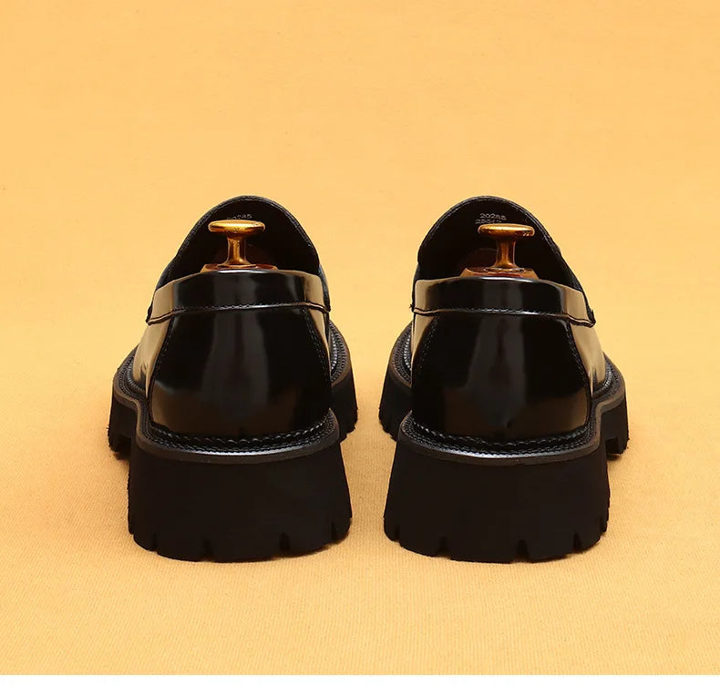 cow leather British loafers men glossy leather business casual Heightenin shoes non slip tire soles dress shoes Round toe shoes