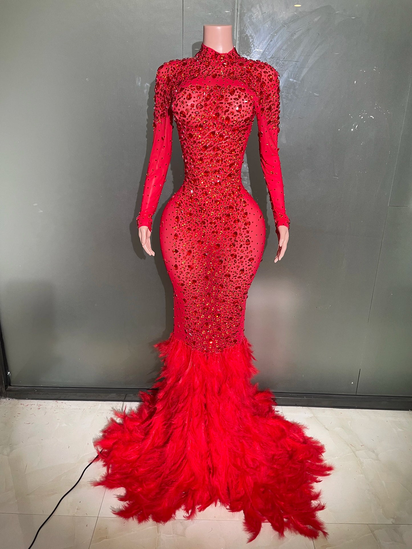 Luxury Sparkling Red Crystals Feathers Mermaid Long Sleeve Maxi Dress Women Formal Occasions Wedding Celebrate Party Prom Gown