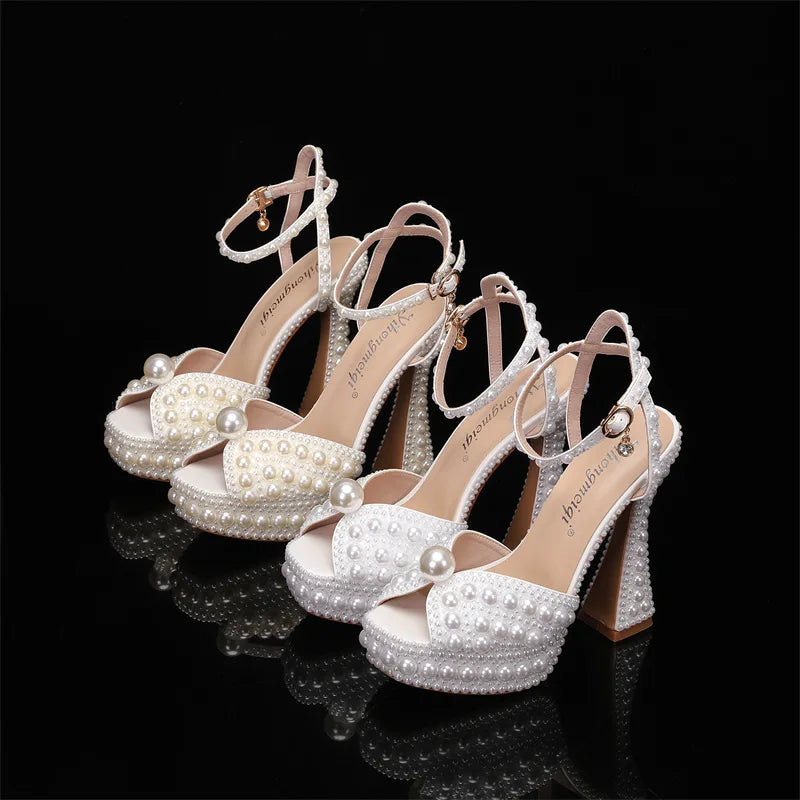 2024 Autumn New Fish Mouth High Heels Slim Heels Shallow Mouth Water Diamond Pearl Women's Single Shoes Wedding Wedding Shoes