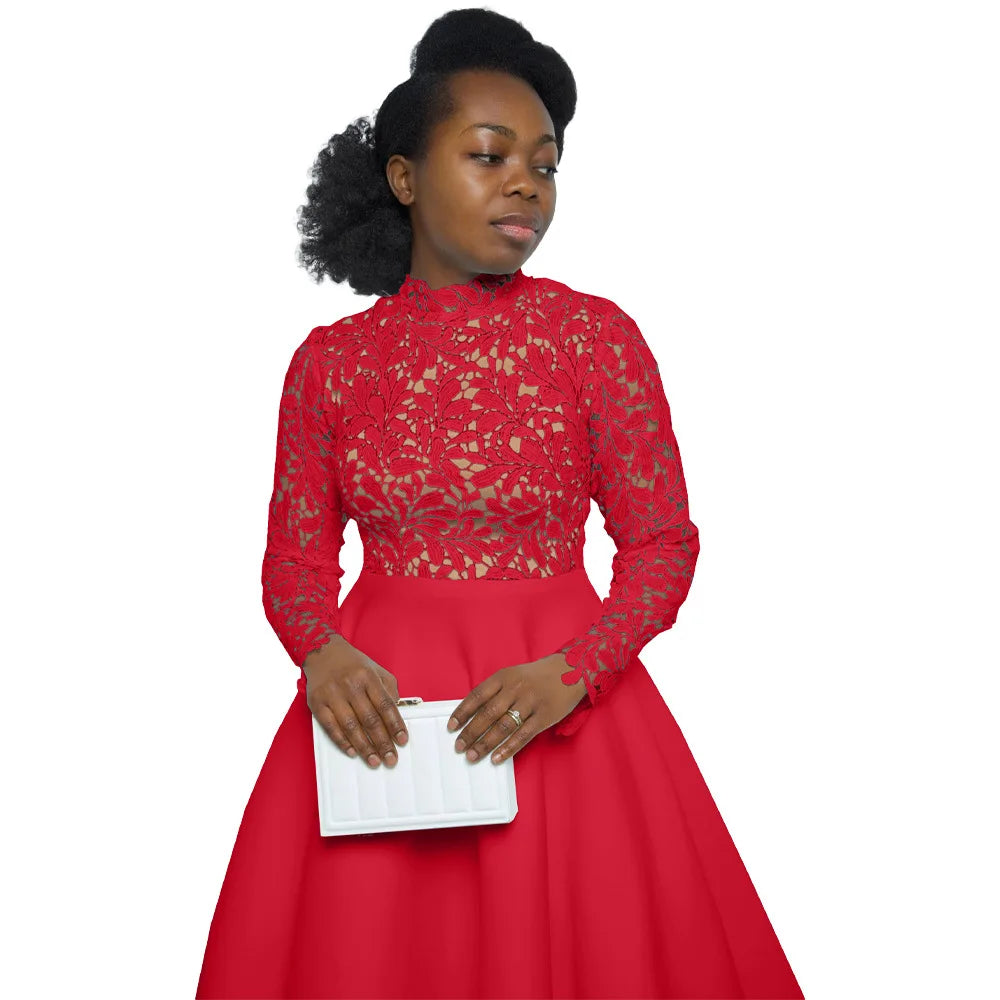 Women Long Dress A Line Dresses Lace Floral Party Night Wedding Mock Neck White Prom Hight Waist Slim Elegant Maxi Vestidos