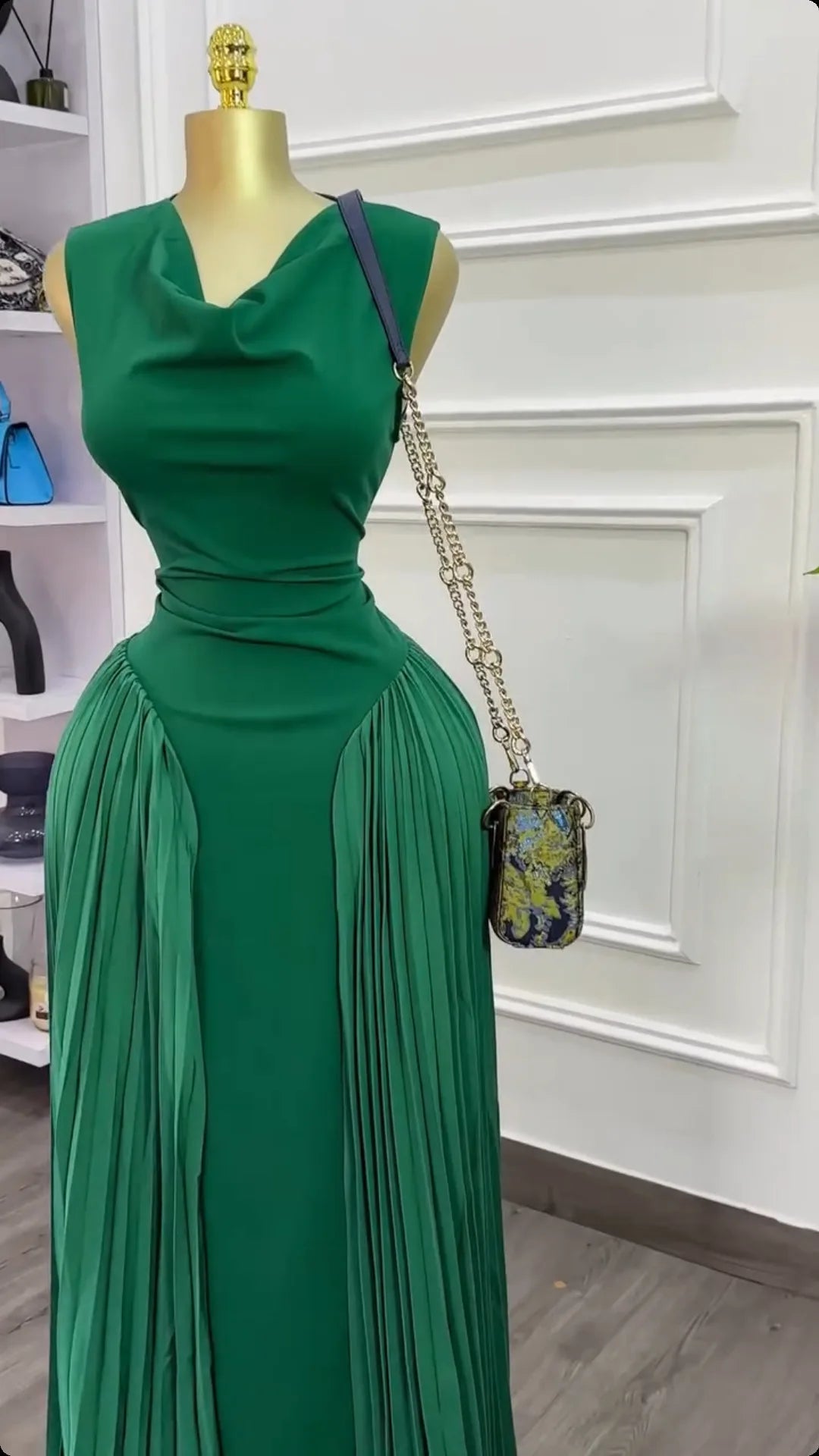 CM.YAYA 2025 Summer Elegant Sleeveless Sweet V-Neck Floor-Length Long Women Dress Beach Party Evening Sexy Pleated Dresses