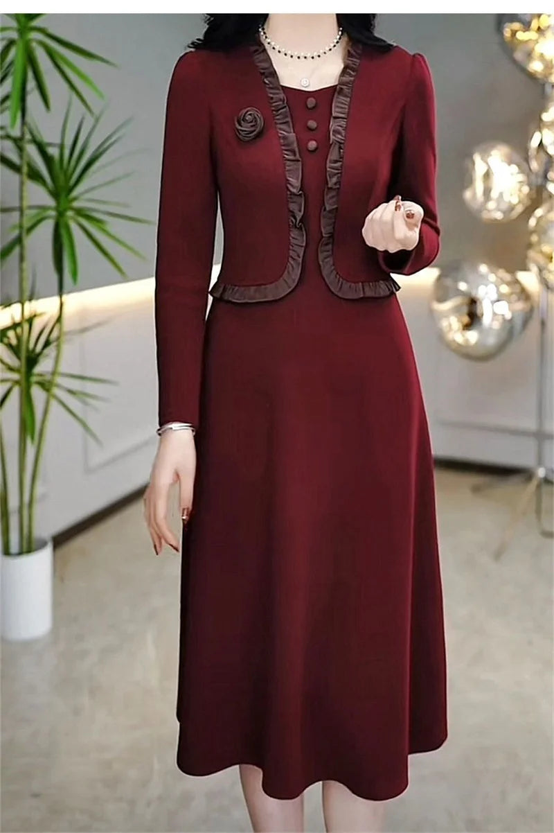 Autumn Winter Add Velvet Long Dress Women Fake Two Pieces Long Sleeve Dress High End Elegant Mother Wedding Party Dress Vestidos