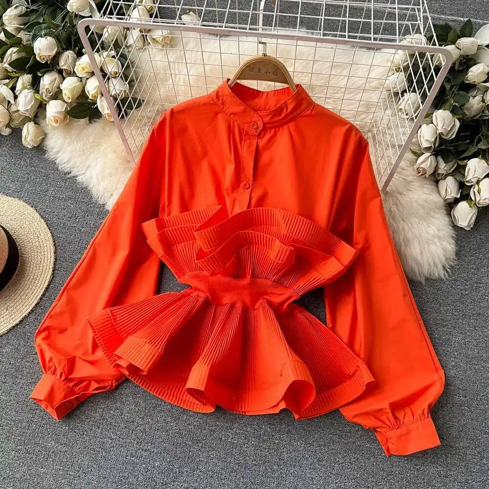 XFPV Women Puff Sleeve Pleated Ruffle Solid Casual Blouse Patchwork Y2k Top Slim Waist Shirt Sweet Summer Spring 2025 SM2983