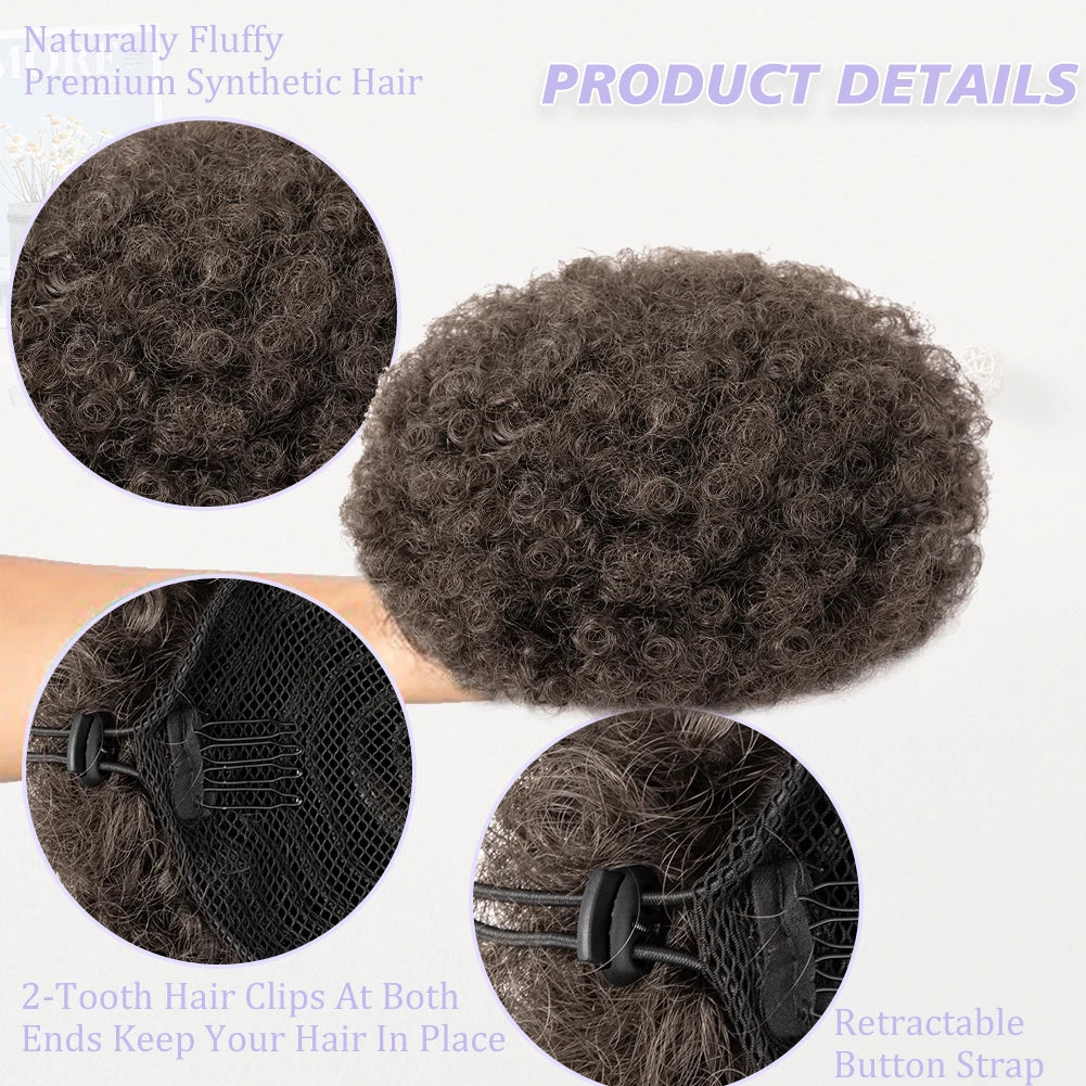 Afro Puff Drawstring Ponytail Extension for Black Women, Black Short Synthetic Afro Puff Ponytail for Natural Hair, Clip On Kink