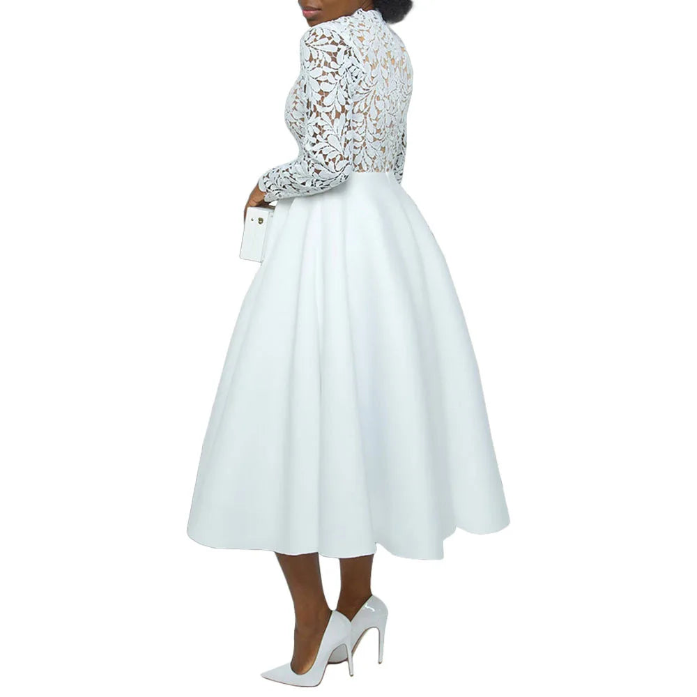 Women Long Dress A Line Dresses Lace Floral Party Night Wedding Mock Neck White Prom Hight Waist Slim Elegant Maxi Vestidos