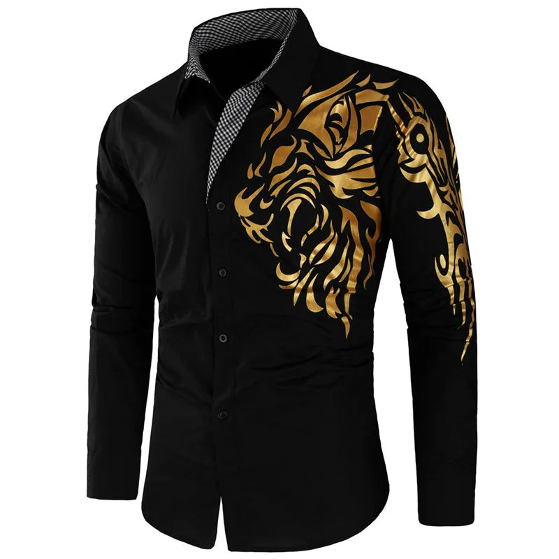 2024 Men's Brand Shirt, Luxury Gold High Quality Long Sleeve Shirts, Business White Black Men Dress Prom Social Print Shirts