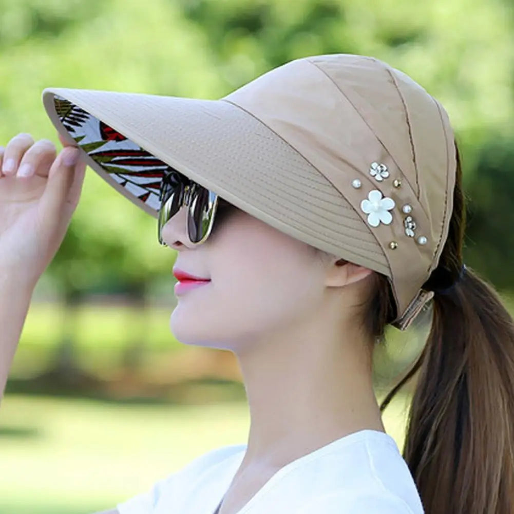 Fashion Womens Ladies Summer Vacation Wide Brim Foldable Sun Hat Anti-UV Beach Visor Caps Casual Hats