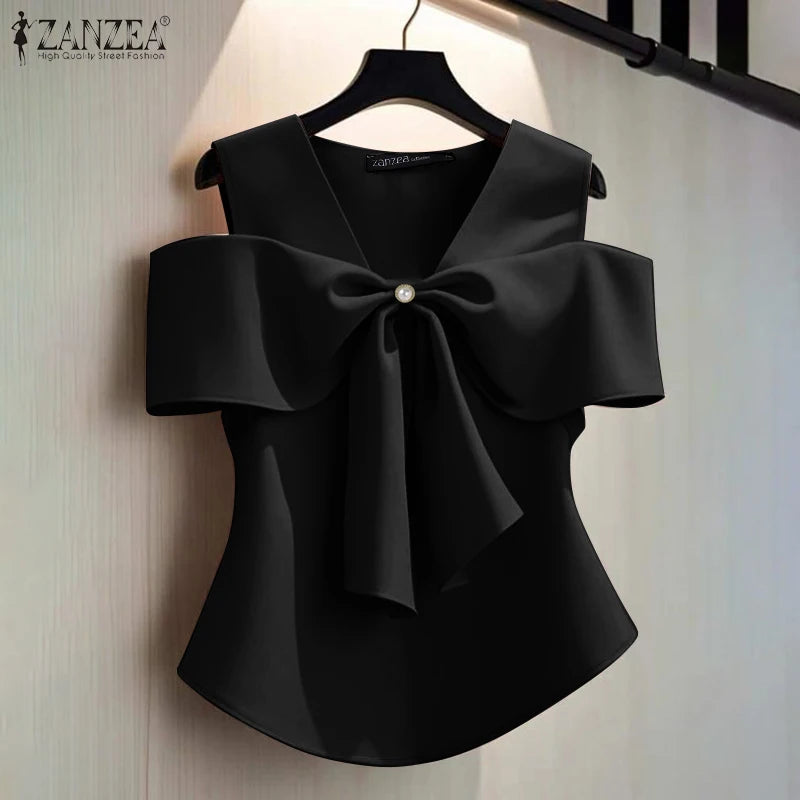 Women Summer Bow Tie Blouse 2025 ZANZEA Elegant Solid OL Work Shirt Casual V Neck Sleeveless Holiday Tops Stylish Party Blusas