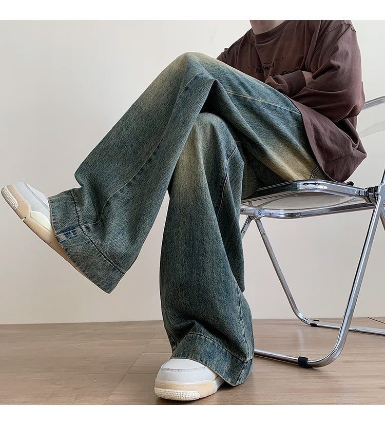 Distressed Vintage Blue Jeans Pants Men Wide-leg Denim Trousers Male Oversize Streetwear Fashion Casual Baggy Straight Jeans