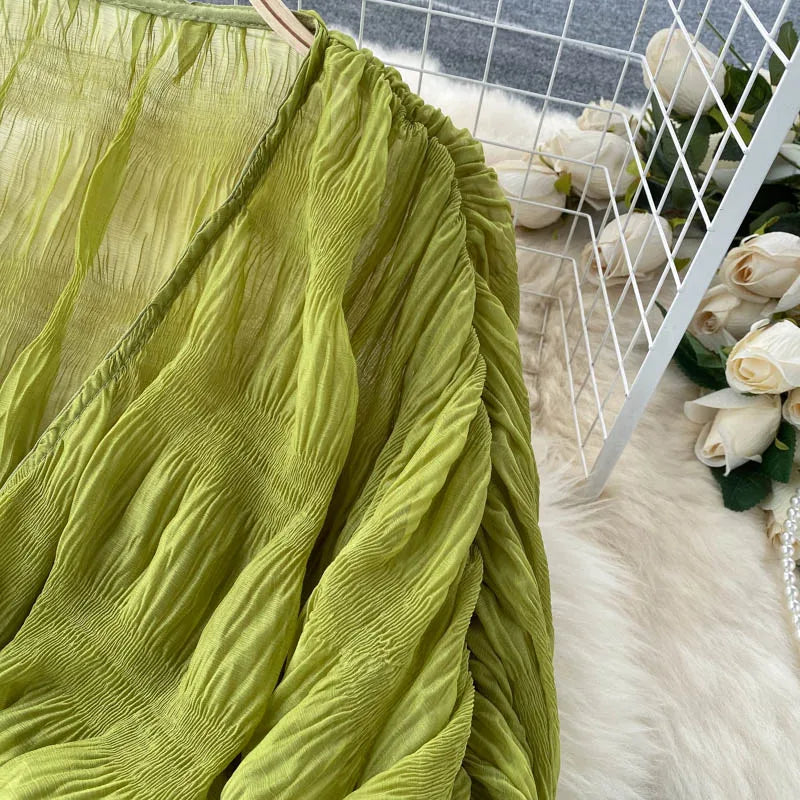 Women Sexy Chiffon Short Blouse Female See Through Super Long Sleeve Blusas Purple/Green/Black/White Folds Party Tops 2022 New