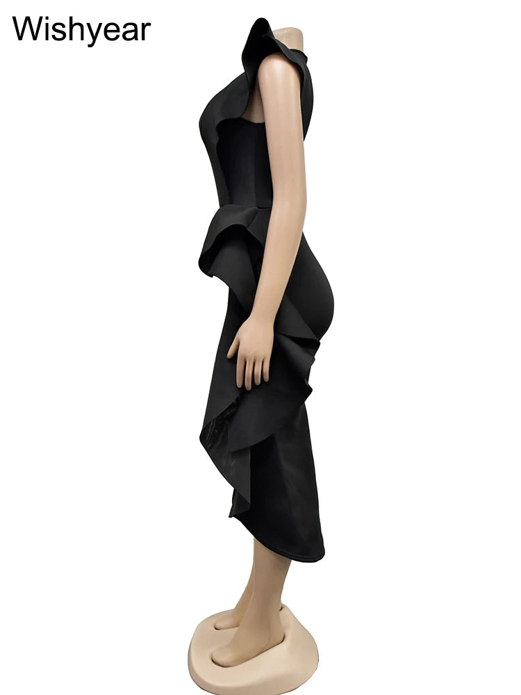 Sexy Flare Short Sleeve High Side Split Ruffles Bodycon Midi Dress Women Autumn Evening Wedding Party Birthday Vestidos Elegant