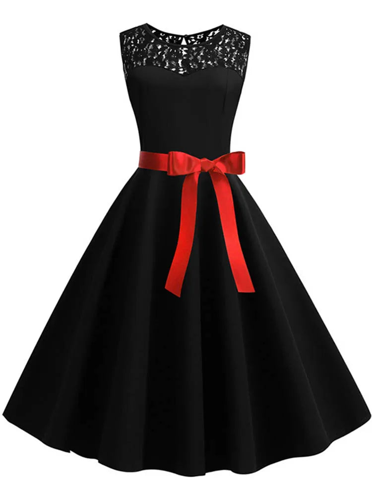 Blue Lace Patchwork Summer Dress Women Elegant Vintage Party Dress Casual Office Ladies Work Dress