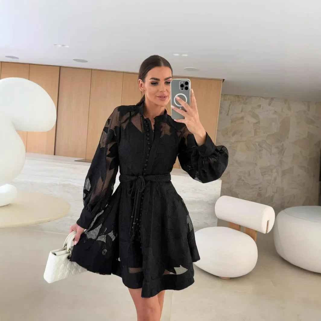 Fashionable Ins Embroidered Lace Dress Cross-Border Independent Station Floral Midi Skirt Polyester Fiber Full Sleeve