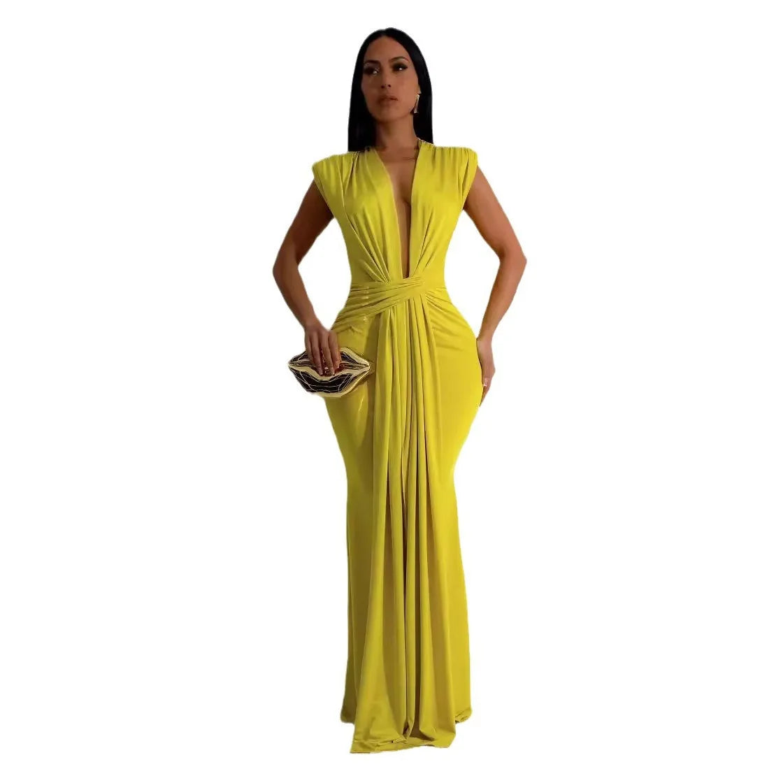 Dress Women Long Dresses Deep V Neck Sleeveless Solid Slim Fit Tight Waist Sexy Elegant Splice Hip Wrap Temperament Vestidos