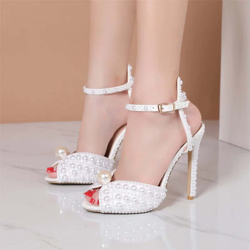 2024 Autumn New Fish Mouth High Heels Slim Heels Shallow Mouth Water Diamond Pearl Women's Single Shoes Wedding Wedding Shoes