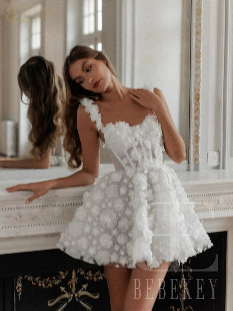 BEBEKEY Customized 3D Flower Mini Prom Dresses Short Spaghetti Straps A-line Lace Evening Party Dress Formal Party Gown Robe