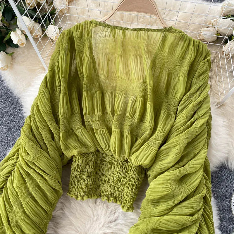 Women Sexy Chiffon Short Blouse Female See Through Super Long Sleeve Blusas Purple/Green/Black/White Folds Party Tops 2022 New