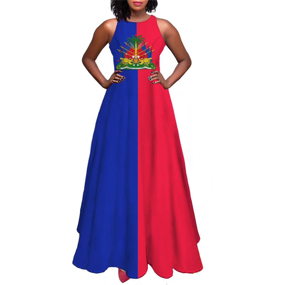 Haiti Flag Print Luxury Designer Women Summer Spring Maxi Dress Ladies Sexy Sundress Casual Sleeveless Long Woman Dresses Mujer