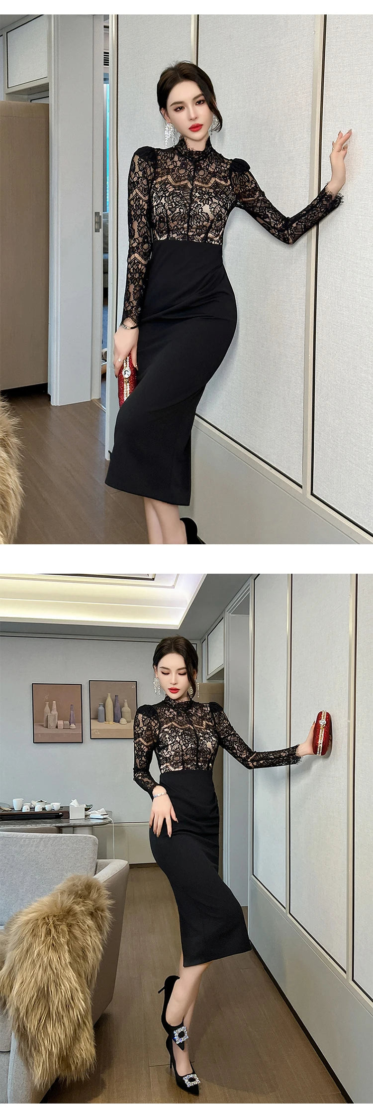 New Women's French  Elegant Black Dress Celebrity Sheer Lace Spliced Midi Robe Professional Business Vestidos Mujer Party Gown