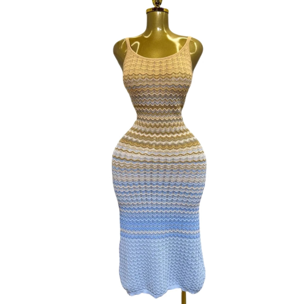 FAGADOER Summer Fashion Knitting Bodycon Maxi Dress Women Rainbow Color Spaghetti Strap Long Dress Female Streetwear Vestidos