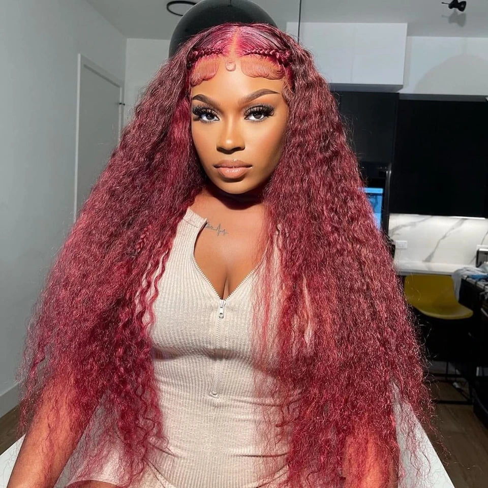 Burgundy Curly 13x6 Hd Lace Frontal Wig Human Hair 100% Brazilian 13x4 Water Deep Wave 99J Red Colored Wig For Women 30 40 Inch