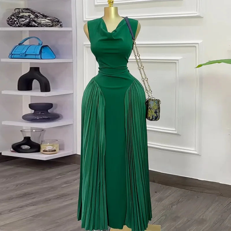 CM.YAYA 2025 Summer Elegant Sleeveless Sweet V-Neck Floor-Length Long Women Dress Beach Party Evening Sexy Pleated Dresses