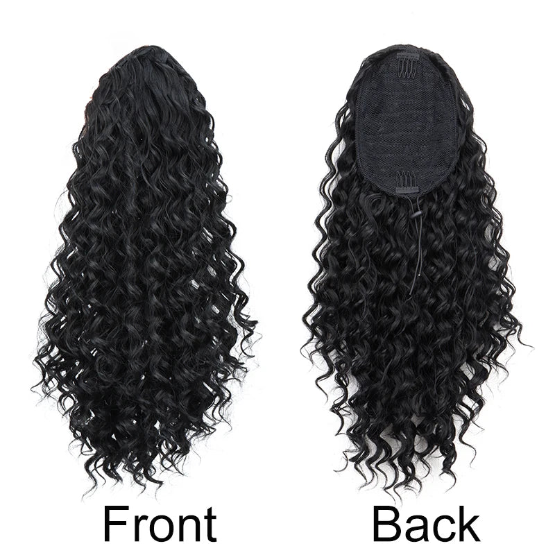 WIGSIN 18Inch Synthetic Kinky Curly Ponytail Hair Short Fluffy Curly Drawstring Clip Hair Extension Black Hairpiece for Women
