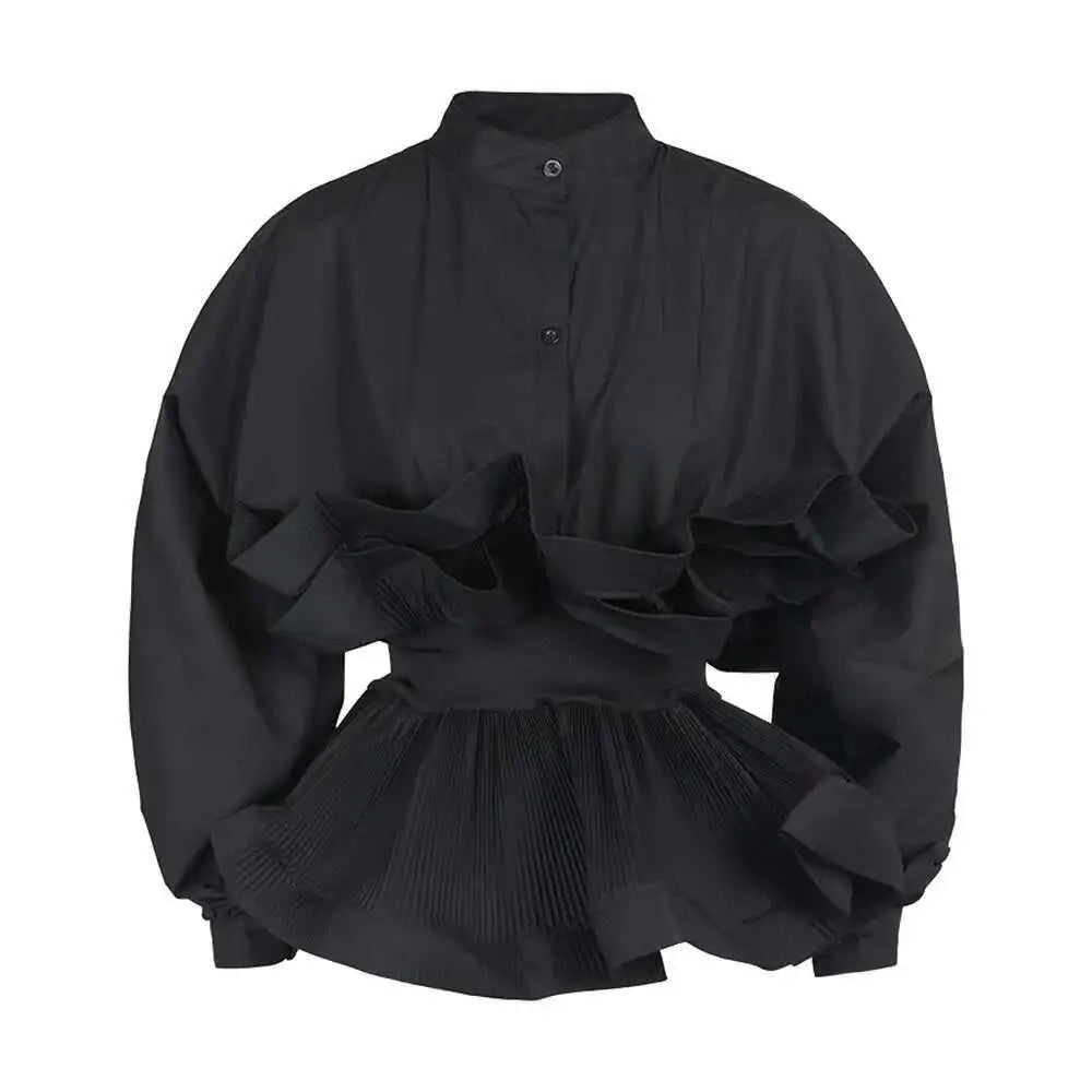 XFPV Women Puff Sleeve Pleated Ruffle Solid Casual Blouse Patchwork Y2k Top Slim Waist Shirt Sweet Summer Spring 2025 SM2983