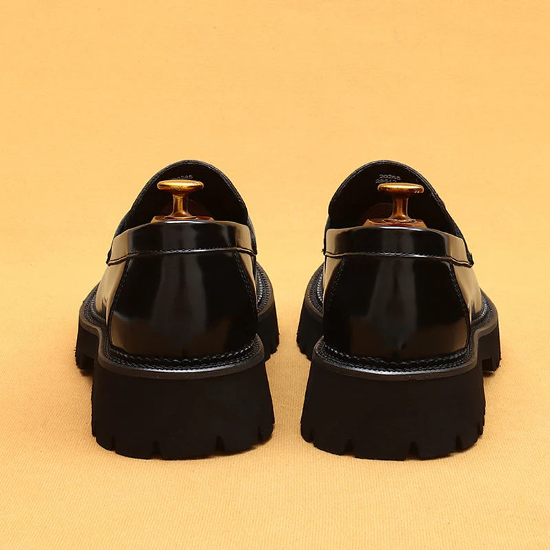 cow leather British loafers men glossy leather business casual Heightenin shoes non slip tire soles dress shoes Round toe shoes