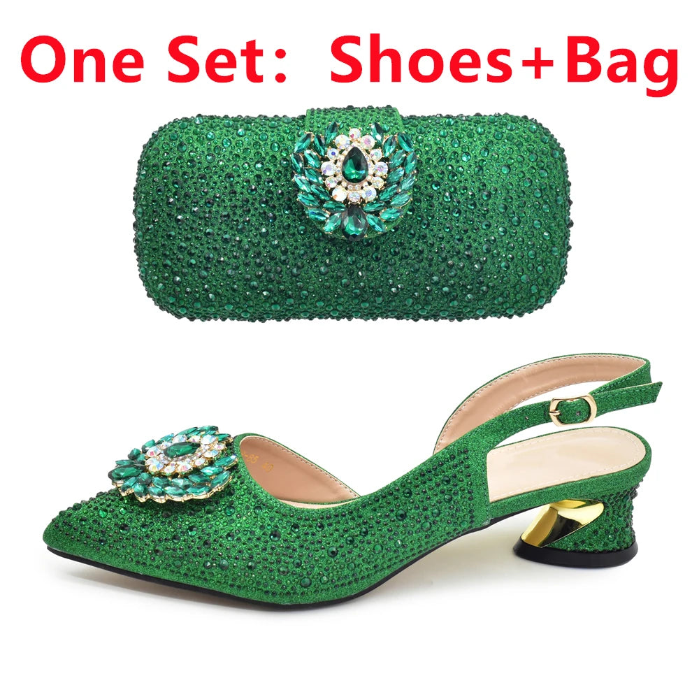 New Italian Shoe and Bag 2024 High Quality Luxury Full Diamond Italian Shoes and Bags Matching Set Decorated with Rhinestone