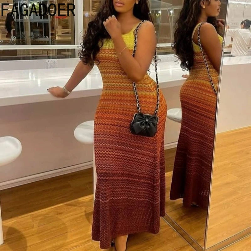 FAGADOER Summer Fashion Knitting Bodycon Maxi Dress Women Rainbow Color Spaghetti Strap Long Dress Female Streetwear Vestidos