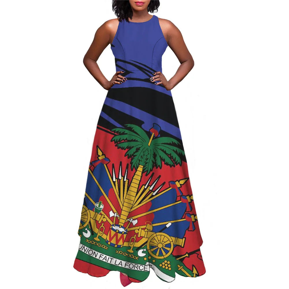 Haiti Flag Print Luxury Designer Women Summer Spring Maxi Dress Ladies Sexy Sundress Casual Sleeveless Long Woman Dresses Mujer