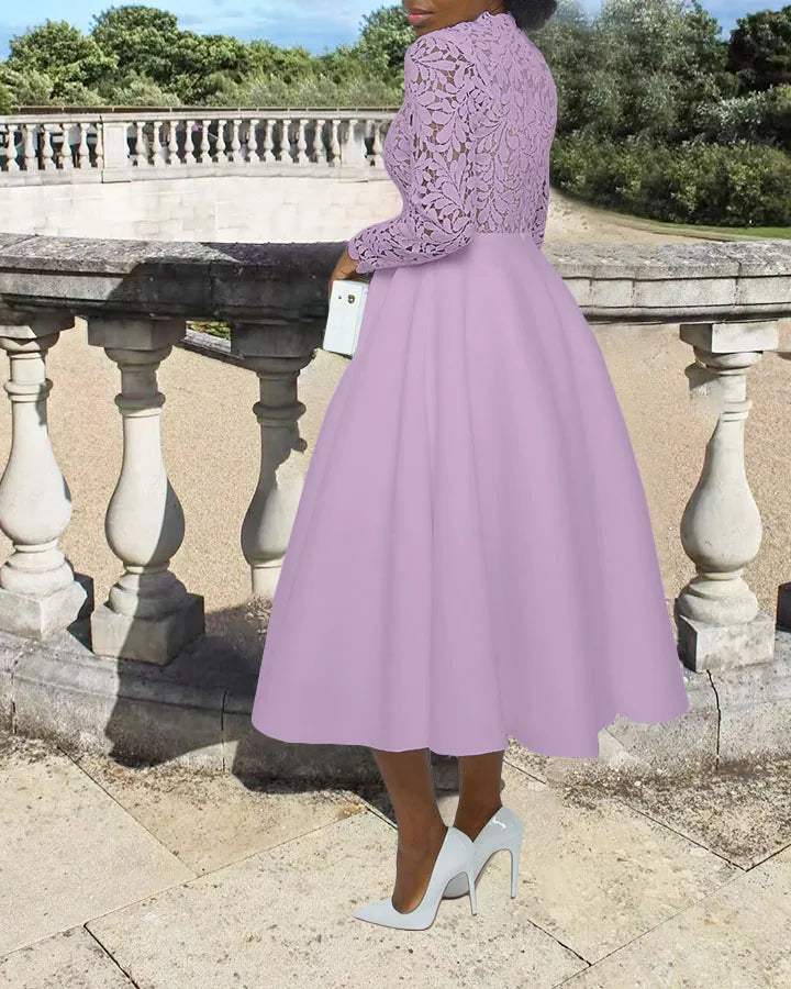 Women Long Dress A Line Dresses Lace Floral Party Night Wedding Mock Neck White Prom Hight Waist Slim Elegant Maxi Vestidos