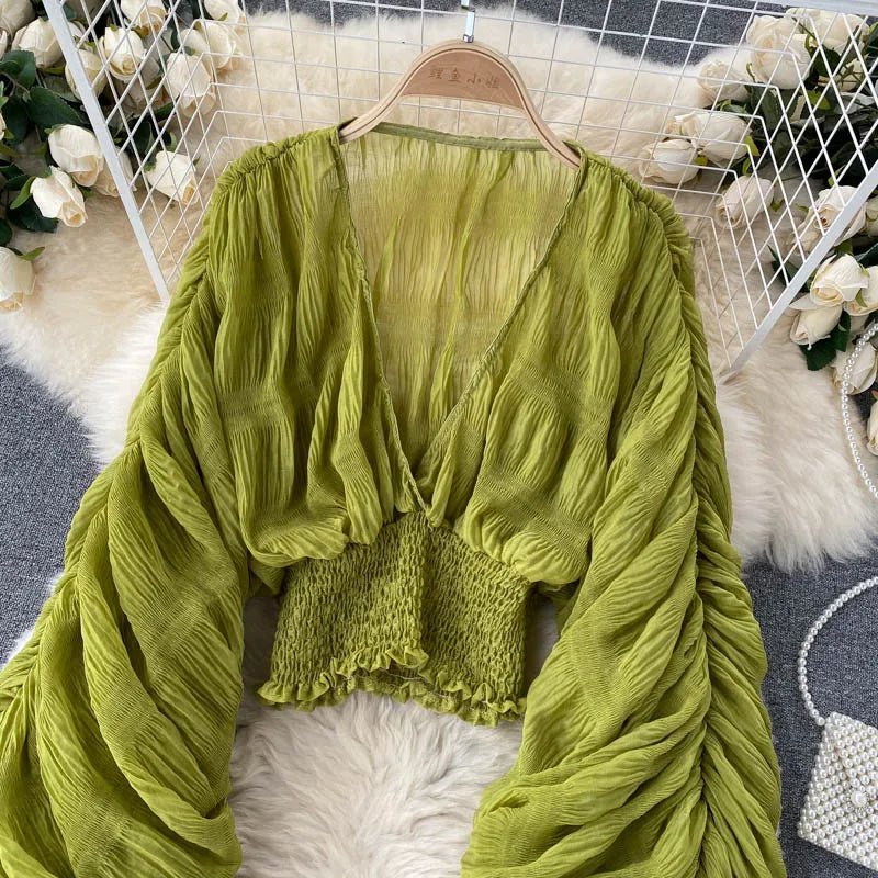 Women Sexy Chiffon Short Blouse Female See Through Super Long Sleeve Blusas Purple/Green/Black/White Folds Party Tops 2022 New