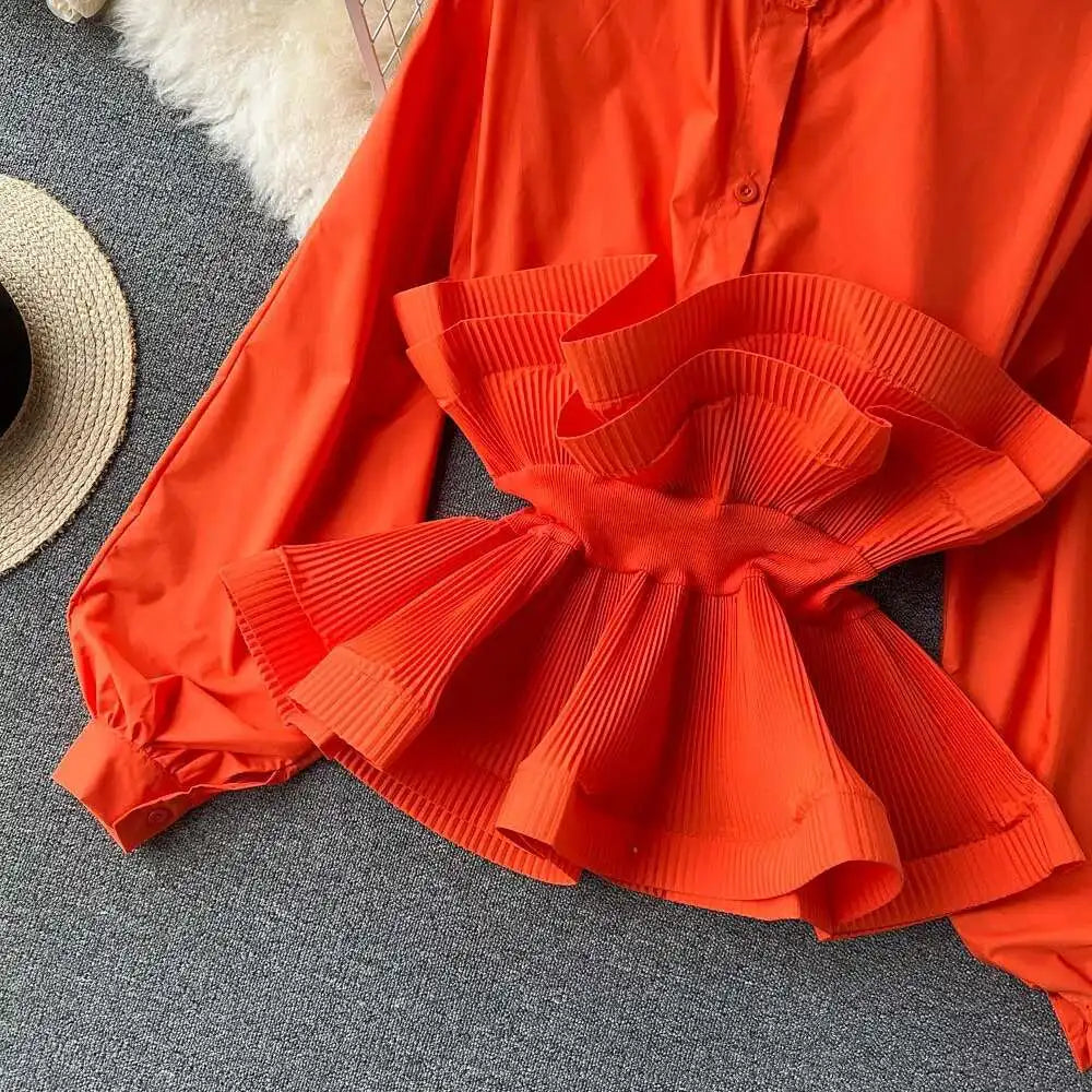 XFPV Women Puff Sleeve Pleated Ruffle Solid Casual Blouse Patchwork Y2k Top Slim Waist Shirt Sweet Summer Spring 2025 SM2983