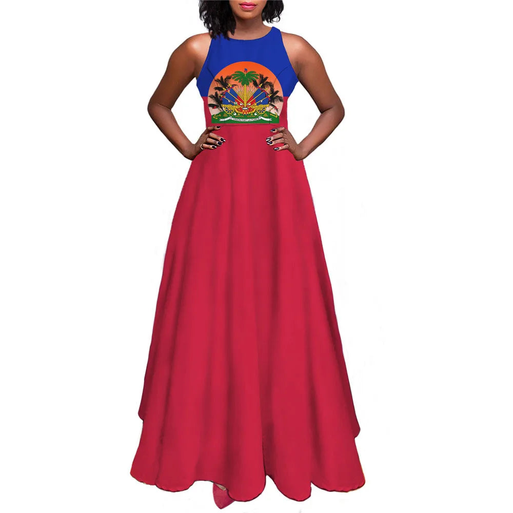 Haiti Flag Print Luxury Designer Women Summer Spring Maxi Dress Ladies Sexy Sundress Casual Sleeveless Long Woman Dresses Mujer