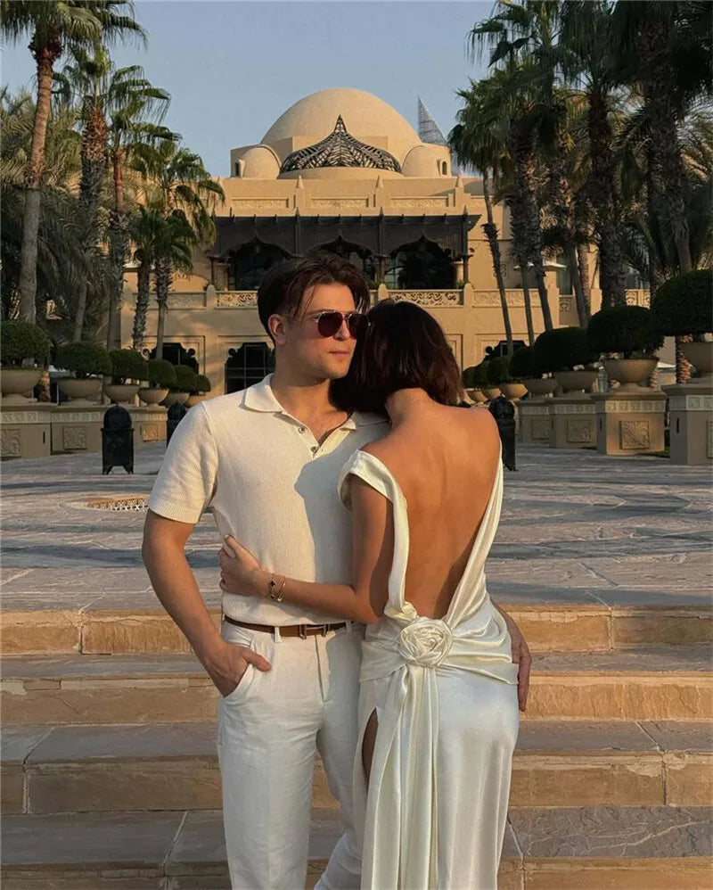 Mozision Satin Backless Sexy Maxi Dress For Women Elegant Rose Thigh High Split Beach Holiday Long Dress Gorgeous Club Gown