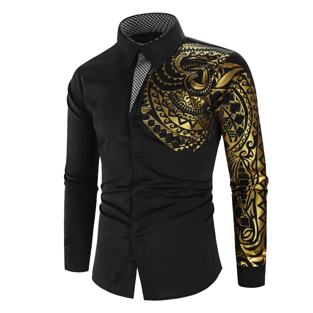 2024 Men's Brand Shirt, Luxury Gold High Quality Long Sleeve Shirts, Business White Black Men Dress Prom Social Print Shirts