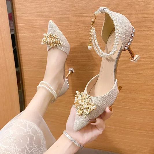 Ladies Shoes on Sale  Fashion Pointed Metal Beaded Solid Women's High Heels Summer Leisure Banquet Women Wedding Pump 2024