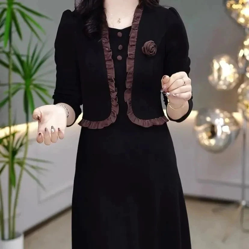 Autumn Winter Add Velvet Long Dress Women Fake Two Pieces Long Sleeve Dress High End Elegant Mother Wedding Party Dress Vestidos