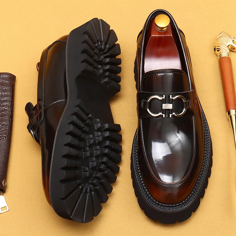 cow leather British loafers men glossy leather business casual Heightenin shoes non slip tire soles dress shoes Round toe shoes