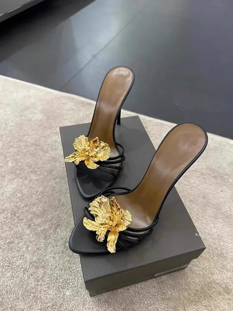 2025 Women's Sandals Slippers Summer Metal Flowers Beautiful Fashion Sandals Women's Stiletto High Heels Black Sandals