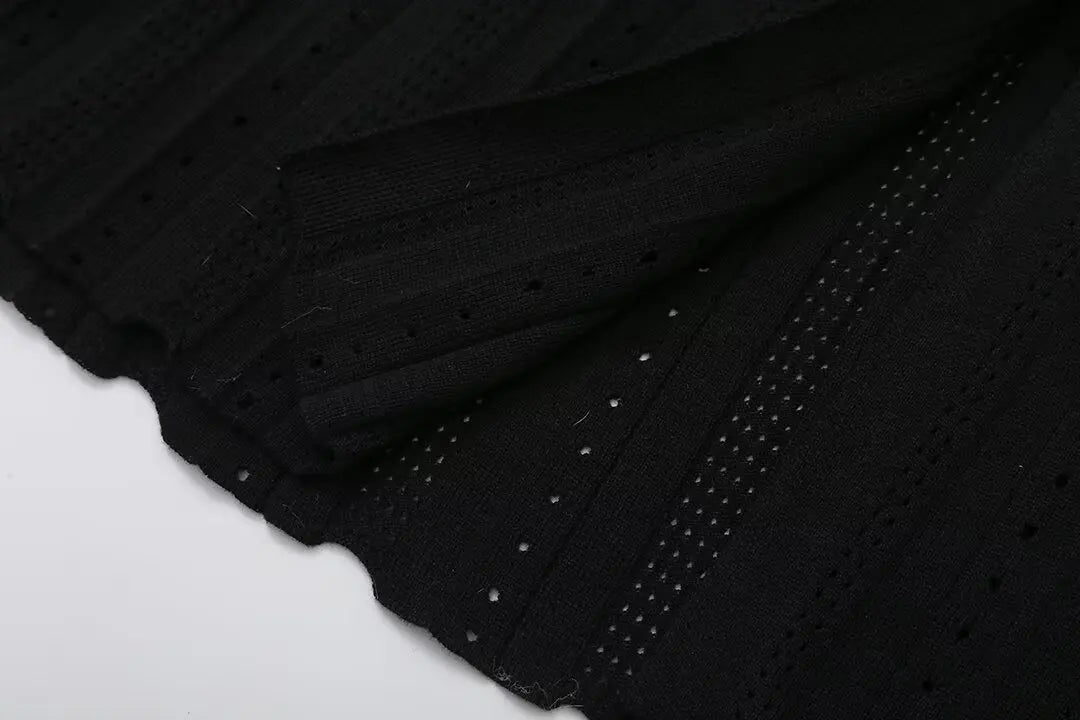 Elegant Knitted Patchwork Midi Dress Women's Short Sleeve High Waist Casual Single-Breasted Curvy Dresses Summer Black Apricot