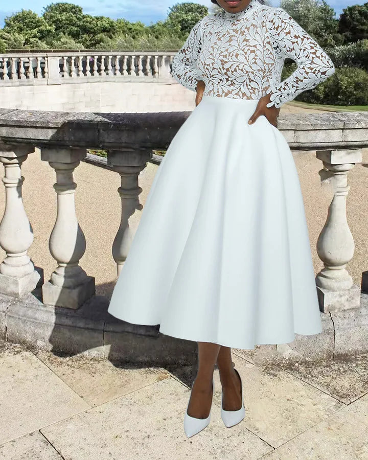 Women Long Dress A Line Dresses Lace Floral Party Night Wedding Mock Neck White Prom Hight Waist Slim Elegant Maxi Vestidos