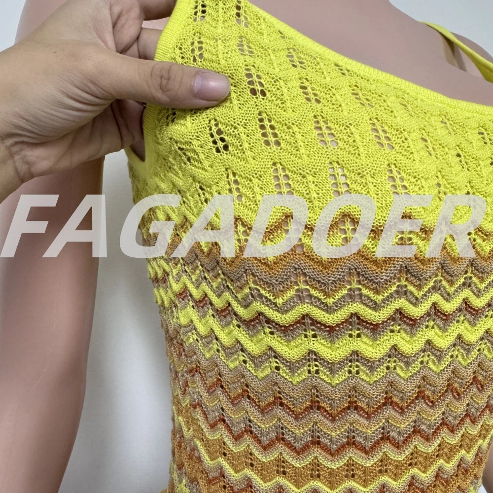 FAGADOER Summer Fashion Knitting Bodycon Maxi Dress Women Rainbow Color Spaghetti Strap Long Dress Female Streetwear Vestidos