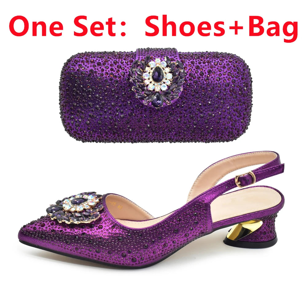 New Italian Shoe and Bag 2024 High Quality Luxury Full Diamond Italian Shoes and Bags Matching Set Decorated with Rhinestone