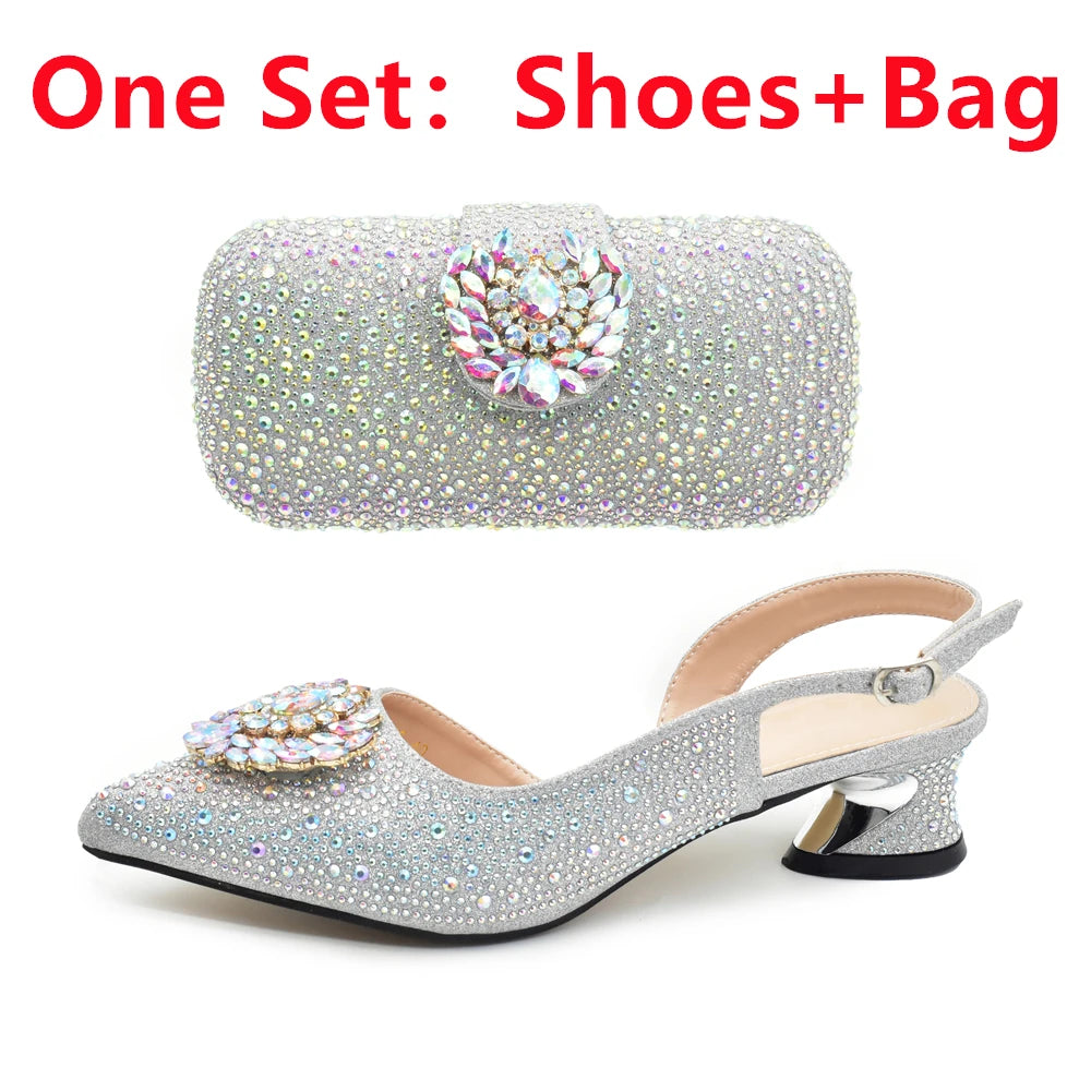 New Italian Shoe and Bag 2024 High Quality Luxury Full Diamond Italian Shoes and Bags Matching Set Decorated with Rhinestone