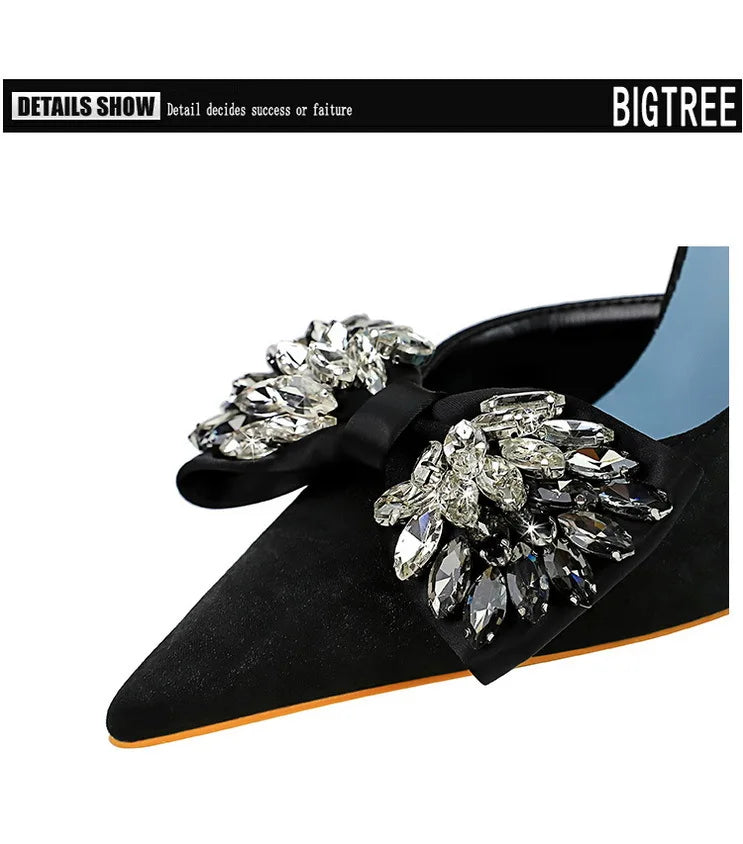 BIGTREE Shoes Rhinestone Bow Women Pumps Luxury Banquet Shoes Sexy High Heels Women Stilettos Party Shoes Large Size 41 42 43