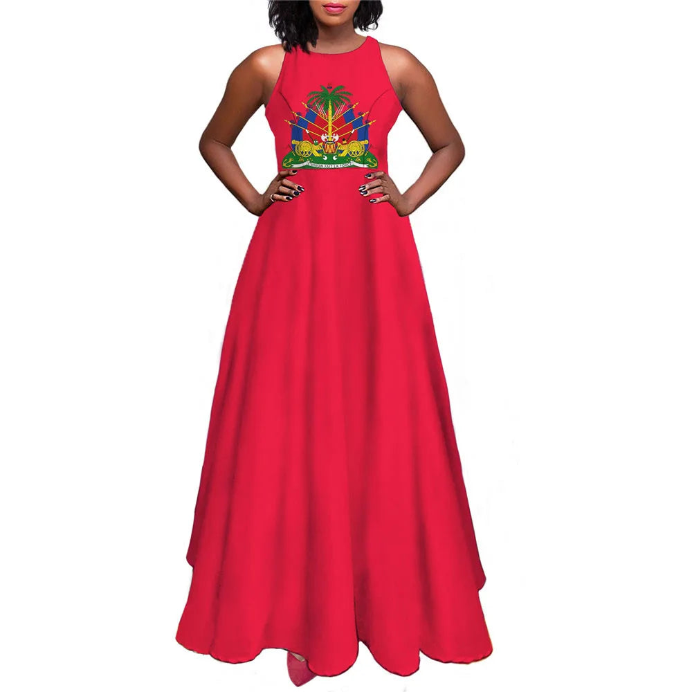 Haiti Flag Print Luxury Designer Women Summer Spring Maxi Dress Ladies Sexy Sundress Casual Sleeveless Long Woman Dresses Mujer