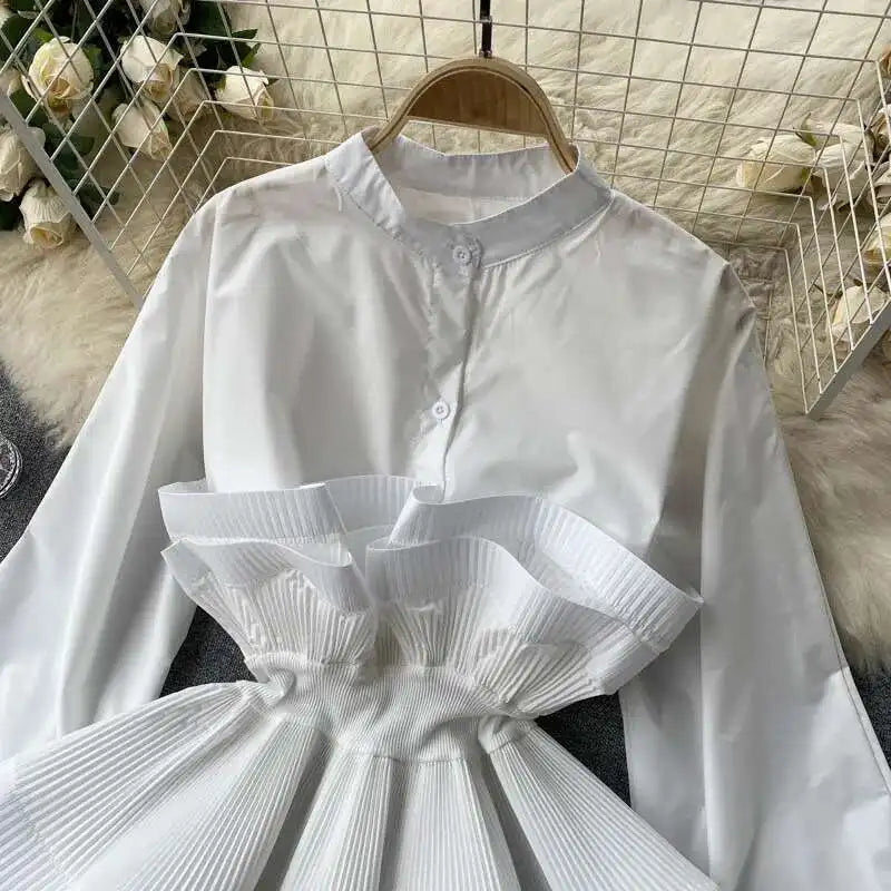 XFPV Women Puff Sleeve Pleated Ruffle Solid Casual Blouse Patchwork Y2k Top Slim Waist Shirt Sweet Summer Spring 2025 SM2983